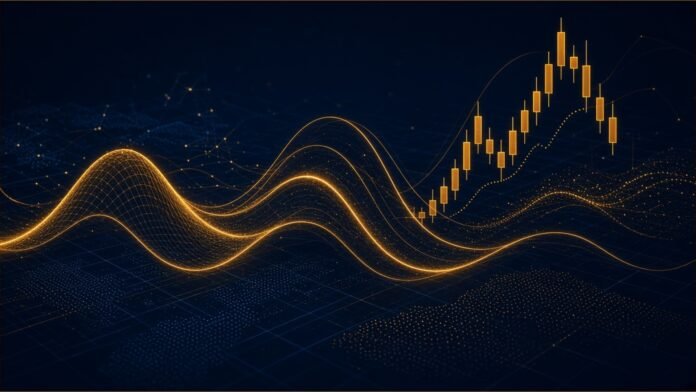 Glowing amber curves and candlestick shapes over a dark trading grid.