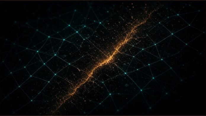 Binance illustration: teal lattice of light threads split by a jagged amber fracture of glowing particles