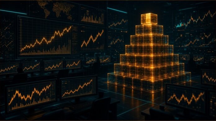 Binance.US Seeks Up to $100m at About $1bn | TSN A stepped stack of glowing blocks on a dark trading floor.