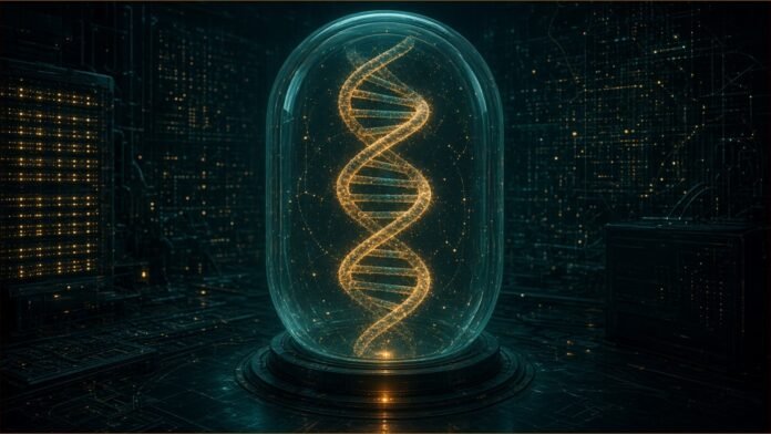 Biomemory Launches DNA Shield Offline Custody | TSN A glowing DNA helix inside a protective glass capsule.