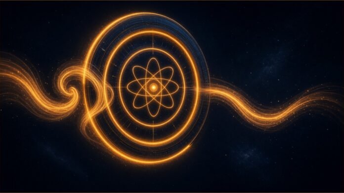 A glowing amber time stream flowing through an atomic clock ring.