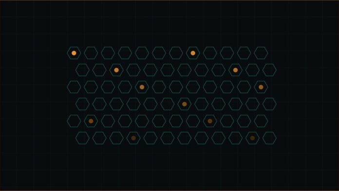 Illustration of a teal hexagonal lattice with amber points fading across it.