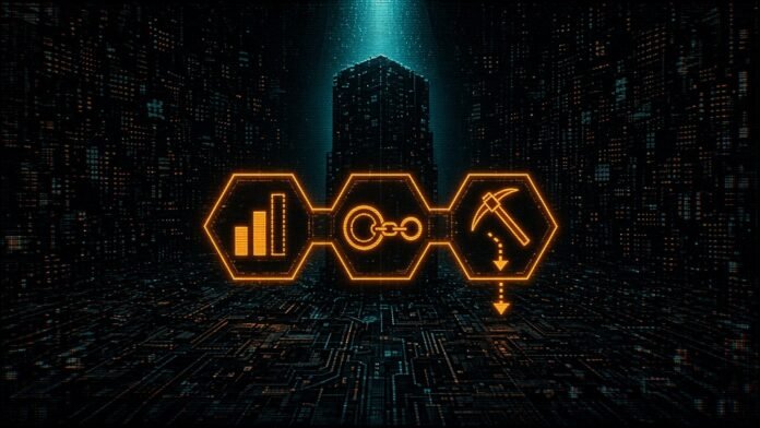 Cash App's Preliminary Q3 Bitcoin Revenue, EDX's Tokenised-Bitcoin Deal and CryptoQuant's Miner-Outflow Signal Illustration of three linked glowing hexagons showing a bar chart, a chain-linked coin and a pickaxe with a downward arrow, in front of a cyan-lit tower.