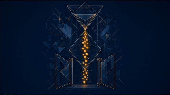 Bitcoin Core Speeds Fixes for LLM-Findable Bugs | TSN Illustration of a geometric hourglass whose sand turns into glowing cubes pouring through an open gate