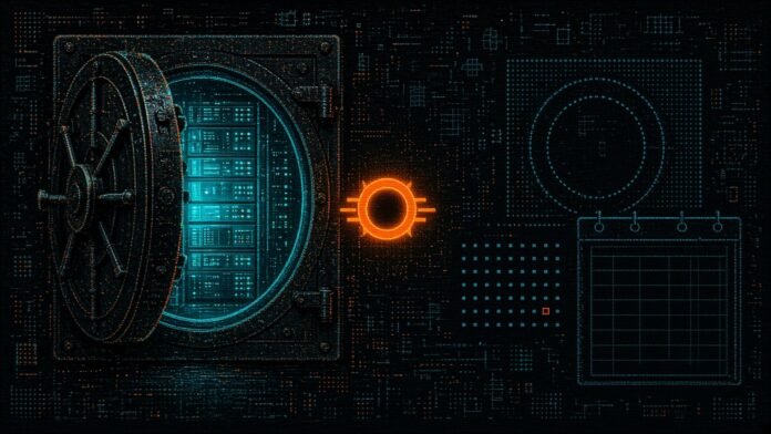 Bitdeer AI Signs for a 60MW Malaysia Site, No Customer Yet Symbol-only illustration of a server-rack glyph in a dark circuit-grid vault beside an empty orange plug-in socket, a dotted second vault wing marked by a calendar grid, and a blank ledger page.