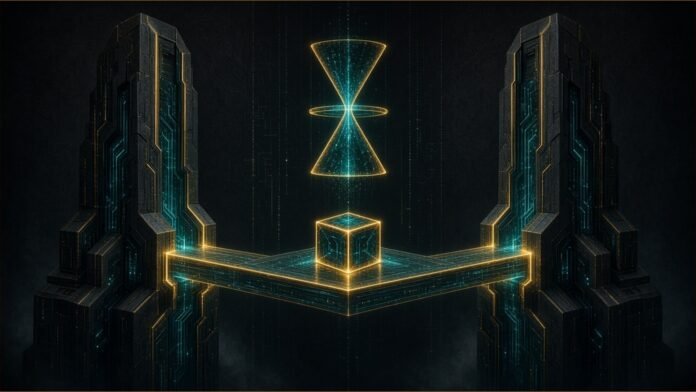 Illustration of a glowing cube on a light bridge between two towers, beneath a hovering hourglass.