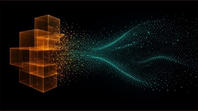 Illustration of translucent amber blocks dissolving into flowing teal particles.