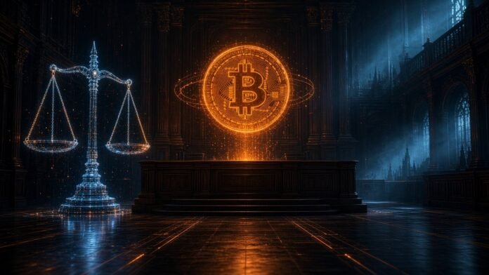 Glowing bitcoin-shaped discs on one side of circuit-line scales of justice, a sealed scroll on the other