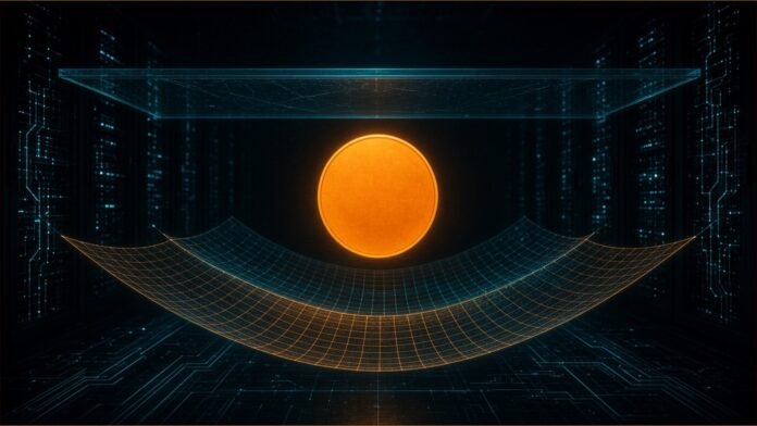 Illustration of a glowing orange coin held between a glass ceiling and a safety net of light grids in a server vault.