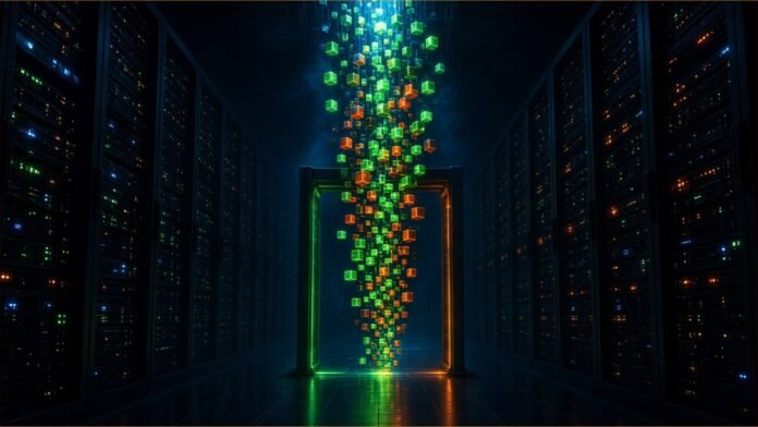 Illustration of glowing green and orange cubes pouring through a lit gateway in a dark server aisle