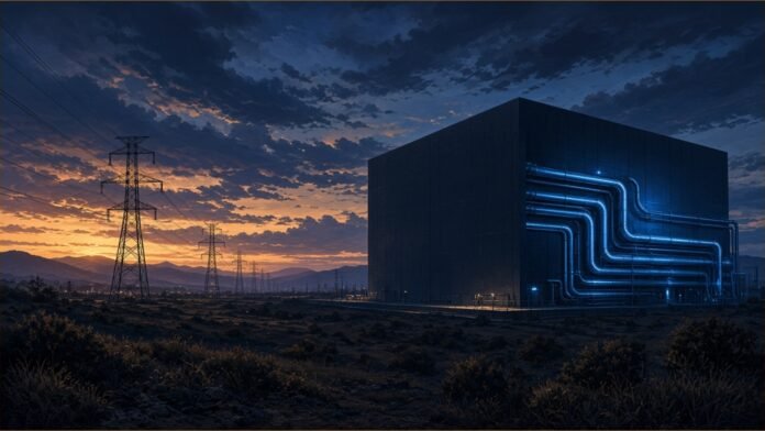 Illustration of transmission towers at dusk leading to a data centre with glowing blue coolant pipes.
