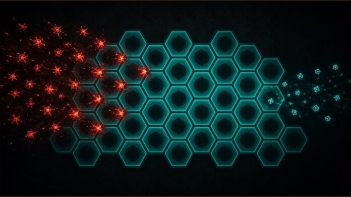 Illustration of a wall of hexagonal shield tiles filtering a stream of small bot particles.