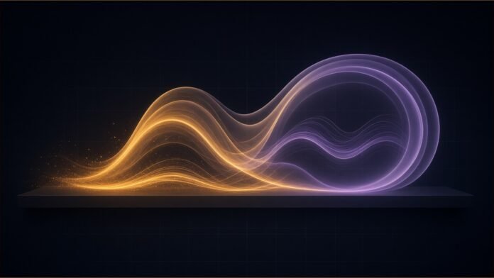 Block's Dessa Voice Model Learned to Talk Without Text Illustration of a glowing sound waveform rising from a dark slab and curling into overlapping rounded outlines