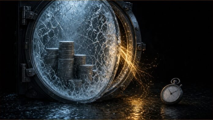 Illustration of coins behind a cracked vault door that will not close, beside a stopwatch.