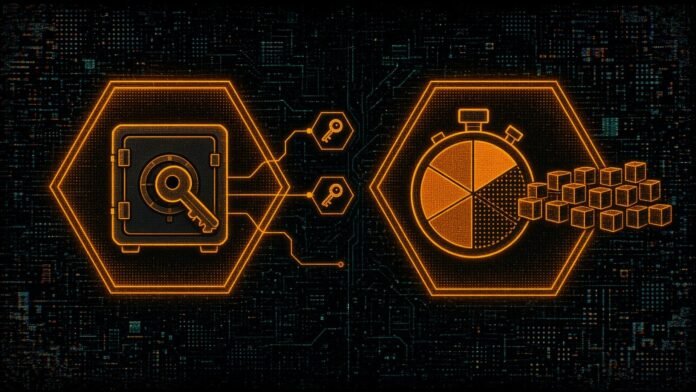 Two amber hexagon tiles: a master key in an offline vault handing smaller keys to separate accounts, and a stopwatch split into five segments beside closely packed blocks with the last segment dotted.