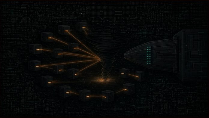 Bloom Hack: 9,408 SOL Drained From 49 Wallets | TSN Illustration of a ring of small dark vaults leaking streams of amber light into a central funnel beside a cartridge-like module plugged into a machine