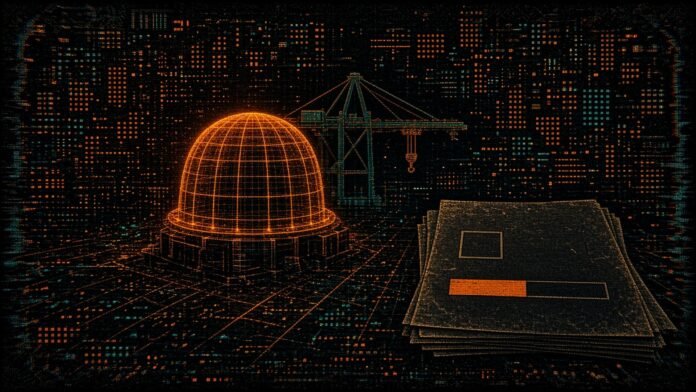 A glowing wireframe reactor dome beside a port crane, with a stack of papers showing an empty check box and a one-third-filled progress bar.