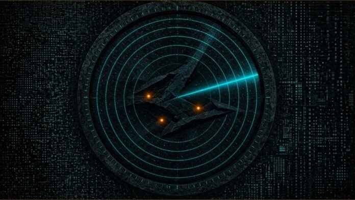 Blue Initiative Lists Ship Cyber Flaws in Free Index | TSN Illustration of a circular sonar-style dial with teal range rings and sweep over an abstract dark silhouette marked by amber blips