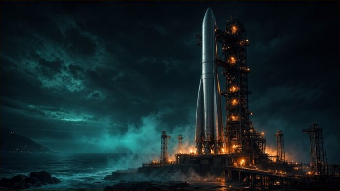 A tall rocket on a coastal launch pad at night under amber floodlights.