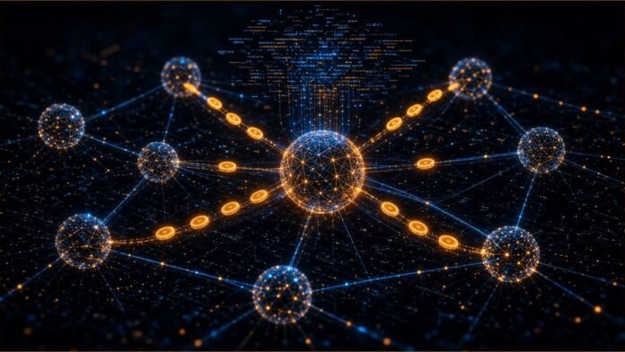 Bluesky Expands Attie and Plans Network Payments A butterfly-node social graph sprouting small game/site windows, with a coin arc between nodes