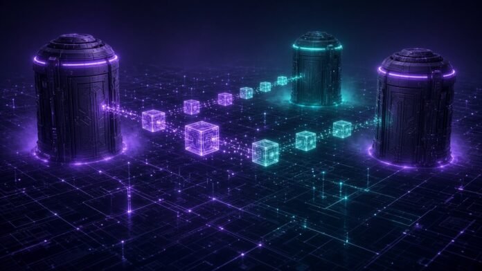 Tokenized Treasury bond token passing between two glowing bank vaults on a ledger