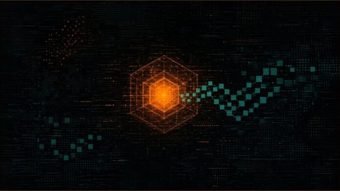 Illustration of a glowing amber hexagonal lattice with a chain of teal squares flowing out of it.
