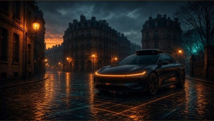 Illustration of a dark electric car with a roof sensor pod on a wet cobbled city street at dawn, a faint digital grid on the road