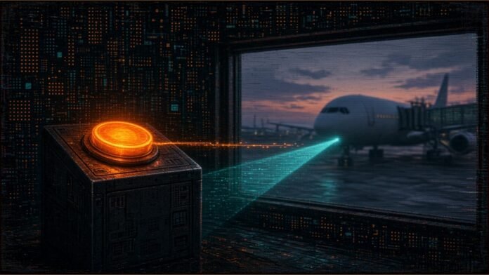 Illustration of a glowing amber approval button in a dim departure lounge, with an unmarked airliner waiting at a gate beyond the window at dusk