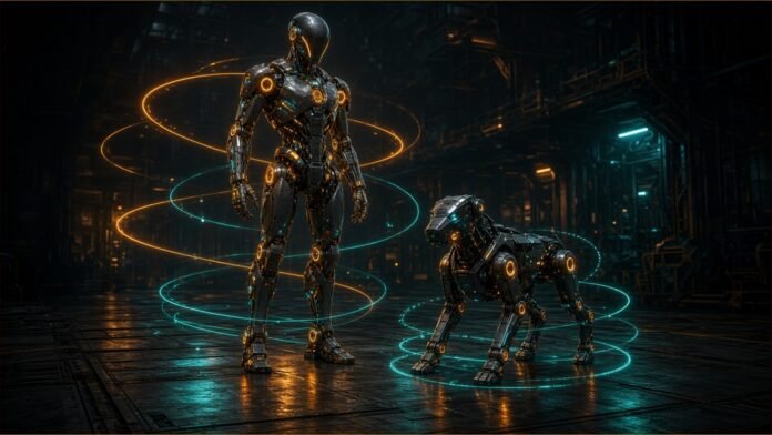 Boston Dynamics Advances Atlas Factory Push and Spot 5.2 A humanoid silhouette on a factory gantry with machining sparks and a quadruped inspection path