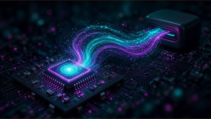 Small glowing chip on a dark circuit board with one compact loop of light circulating inside