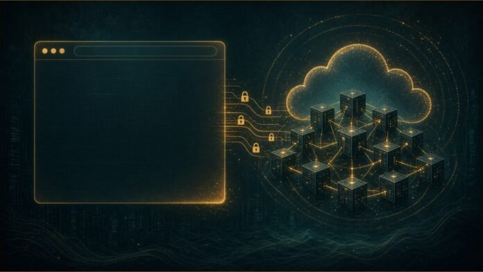 A browser window linked by encrypted channels to a private cloud of server nodes.