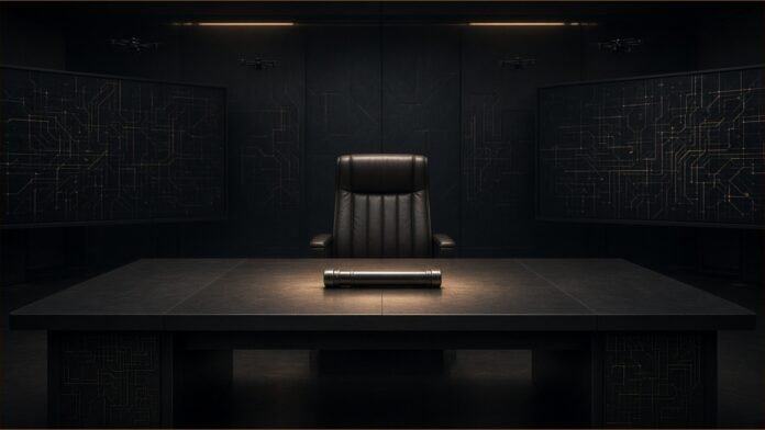 Illustration of an empty executive chair at a dark conference table with a relay baton resting on it, in a dim operations room.