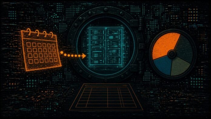 Symbol-only illustration of a supercomputer rack glyph behind a dark circuit-grid gate, with an orange calendar page marked by a moved date arrow and a scoring dial weighted to one side.