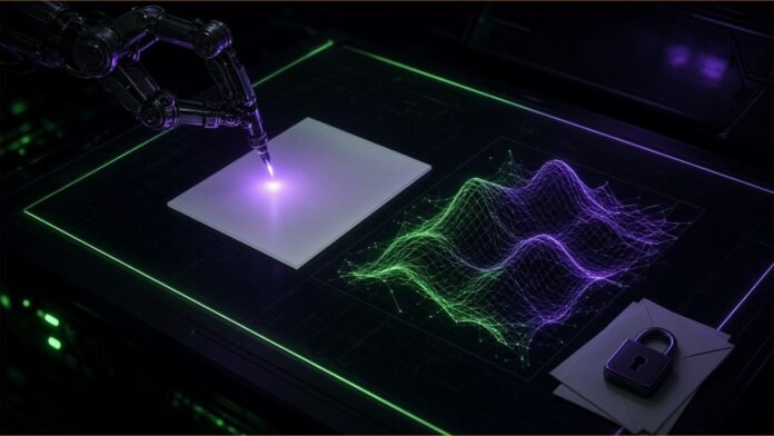 Illustration of a robotic stylus retouching a print beside a wireframe image, with a padlock on a document