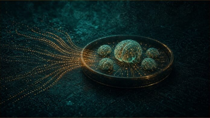 Glowing brain organoids in a dish receiving dotted light signals.