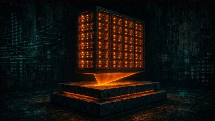 Illustration of glowing amber accelerator racks above a two-layer stone plinth, held up by a tapering amber support beam