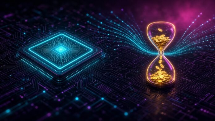 Broadcom, Intel CEOs Say Capital May Be AI's Biggest Limit Symbol-only illustration of a glowing AI chip on a dark circuit board beside a neon hourglass with gold coins trickling through its narrow neck.