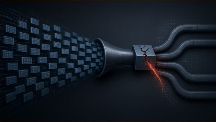 Illustration of compressed data blocks funnelling into a decoder, with one cracked block leaking a red-amber glow into branching pipes