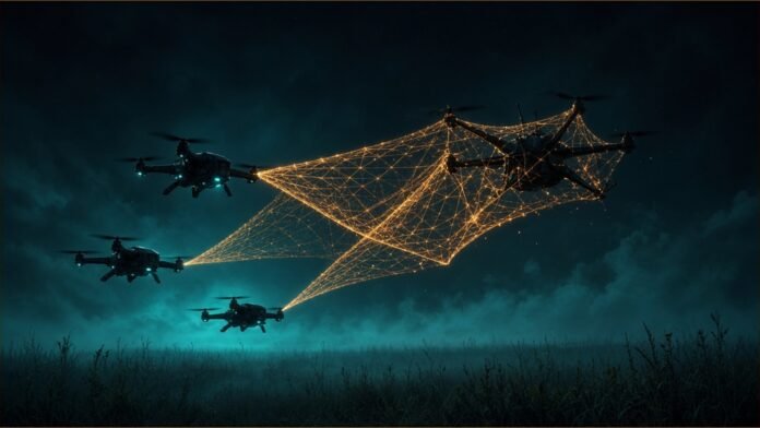 Small drones firing glowing amber nets to catch another drone at night.