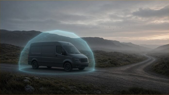 Illustration of an unmarked grey van on a rural road at dusk under a faint hexagonal dome of light, with small dark specks in the sky beyond