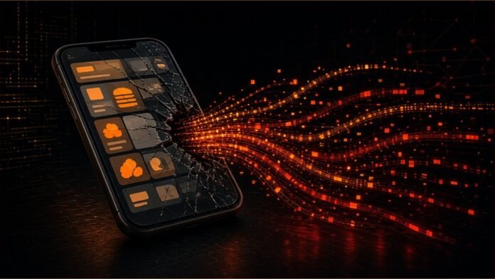 burger-king-japan-app-data-leak-11-million-records Illustration: a smartphone outline with a glowing app grid, a stream of small identity-card rectangles spilling out through a crack in its frame, a faint red rising-sun circle in the background haze, dark with red and amber.