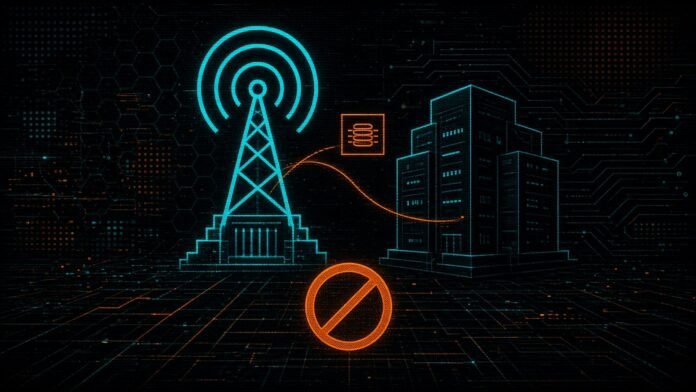 BUZZ HPC: Oakville Taxpayers Won't Pay Grid Costs, Company Says Symbol-only illustration of a transmission tower beside a campus building, linked by an orange wire through a small transformer, with a crossed-out circle at the lower edge.