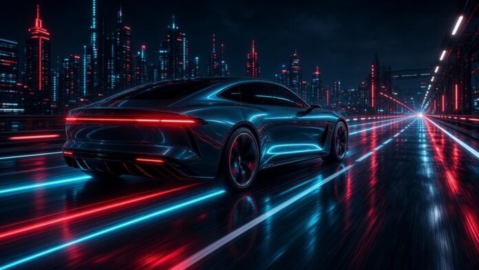 BYD Launches Da Han EV Flagship Sedan From 235,900 Yuan Long sedan silhouette in a line of light over a dark grid, current flowing into a glowing battery block