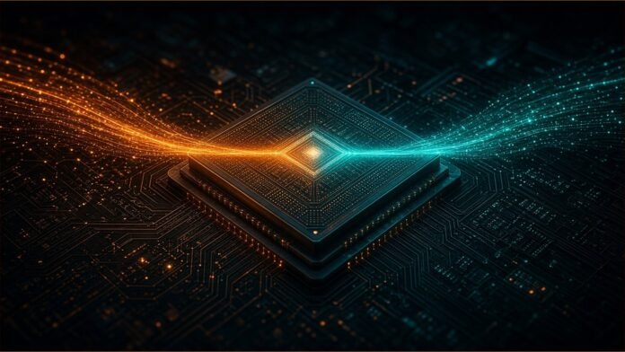 Custom silicon chip with a bespoke circuit pattern being slotted into a rack of glowing data centre servers