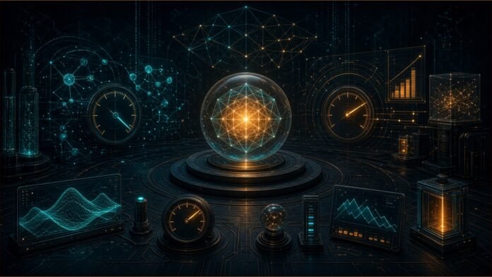 Illustration: a glowing neural-network sphere wrapped in a translucent safety-lattice cage of thin gold lines, with three small city-dot points of light (Beijing, Shanghai, San Jose) linked by faint arcs, deep blue and gold.