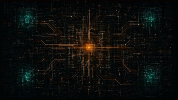Cadence Launches Maestro AI Models for Chip Design | TSN Illustration of a silicon die seen from above with amber circuit paths branching from its centre towards four teal corner blocks