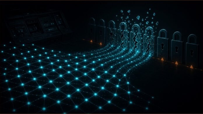 Illustration of a grid of agent nodes flowing toward a row of cracking padlocks.