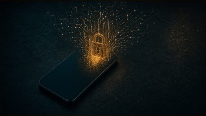 A blank smartphone with amber circuit lines rising from a glowing padlock.