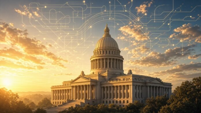 Sunlit state capitol dome with abstract circuit pathways in the sky