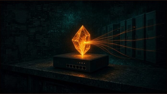 Illustration of a home router with a glowing gem above it, linked by light threads to street network cabinets